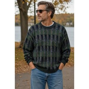 Vintage Sweater House USA Geometric Knit Crewneck Sweater Green Blue 90s Mens XL